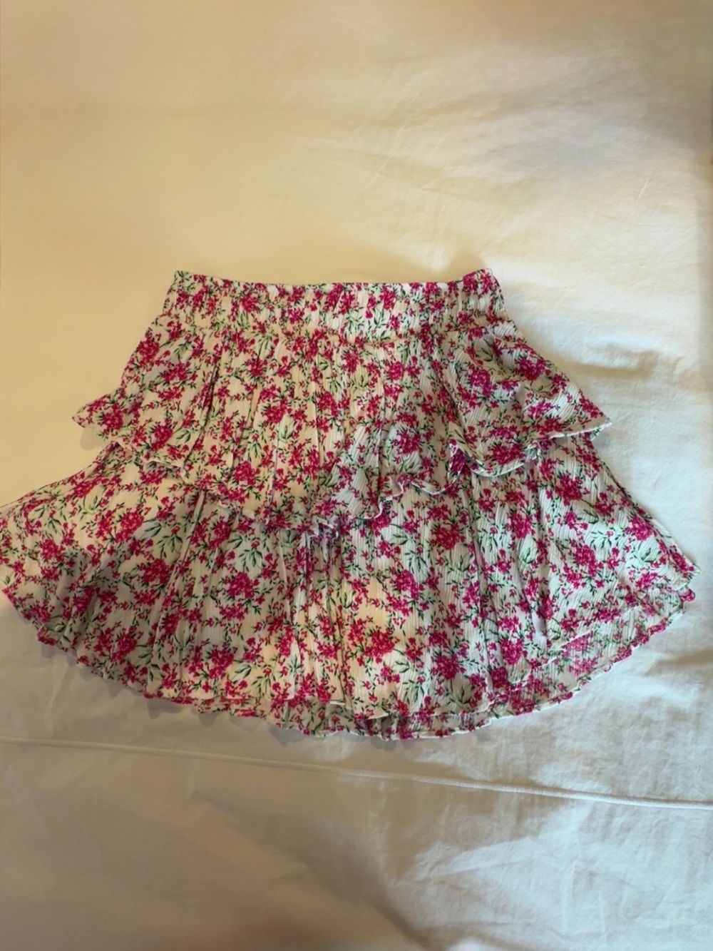 We’re All Pretty Girls Floral Tiered Ruffle Mini Skirt - Pink and green on White